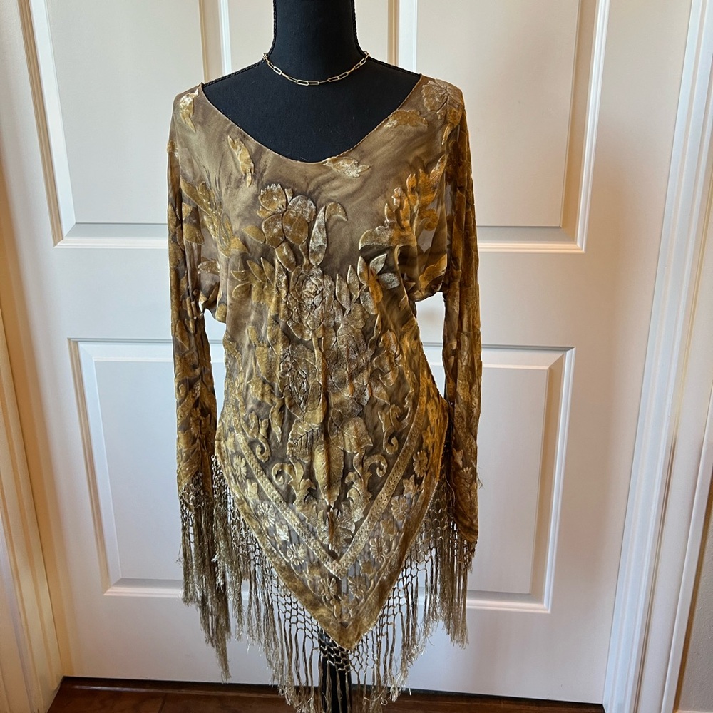 Burned Out Velvet Fringe Trimmed Top